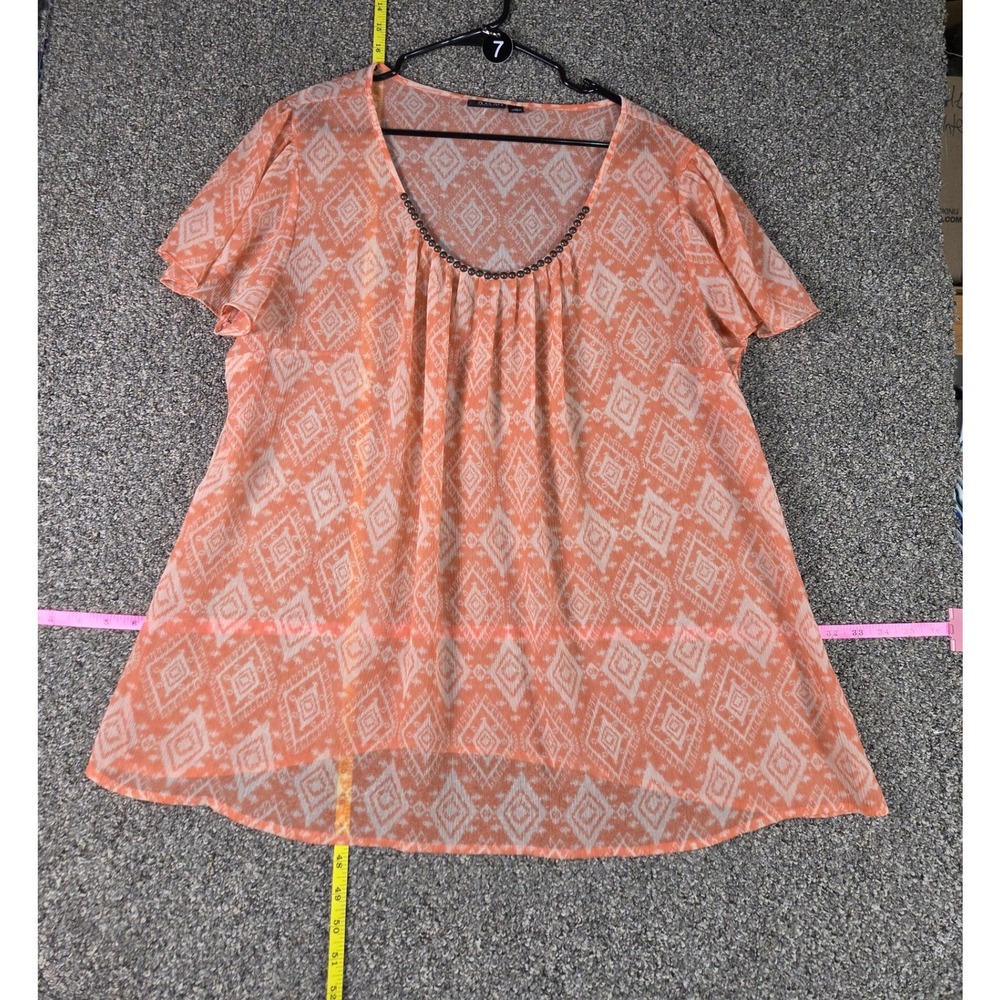 a.n.a Blouse Womens 3X Orange Ikat Geometric Beaded Scoop Neck Flutter Sleeve